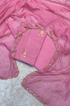 Pure Mul Chanderi Kadwa Weaving With Handwork  - Candy pink