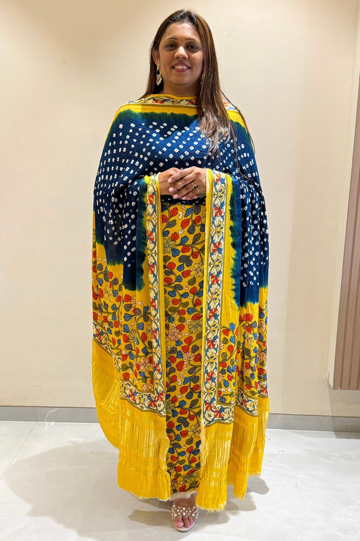 Bandhej With Kalamkari Print - 3 pc Unstiched Suit Set - Yellow & Peacock blue