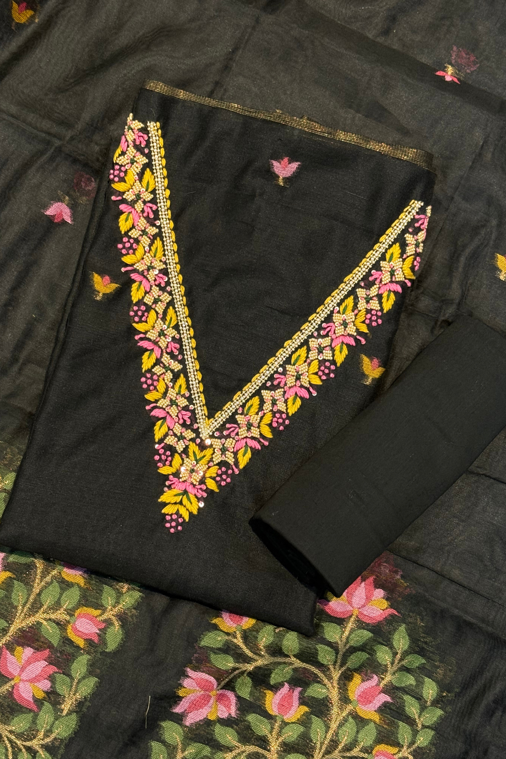 Chanderi Jamdani 3 Piece Suit Set - Black