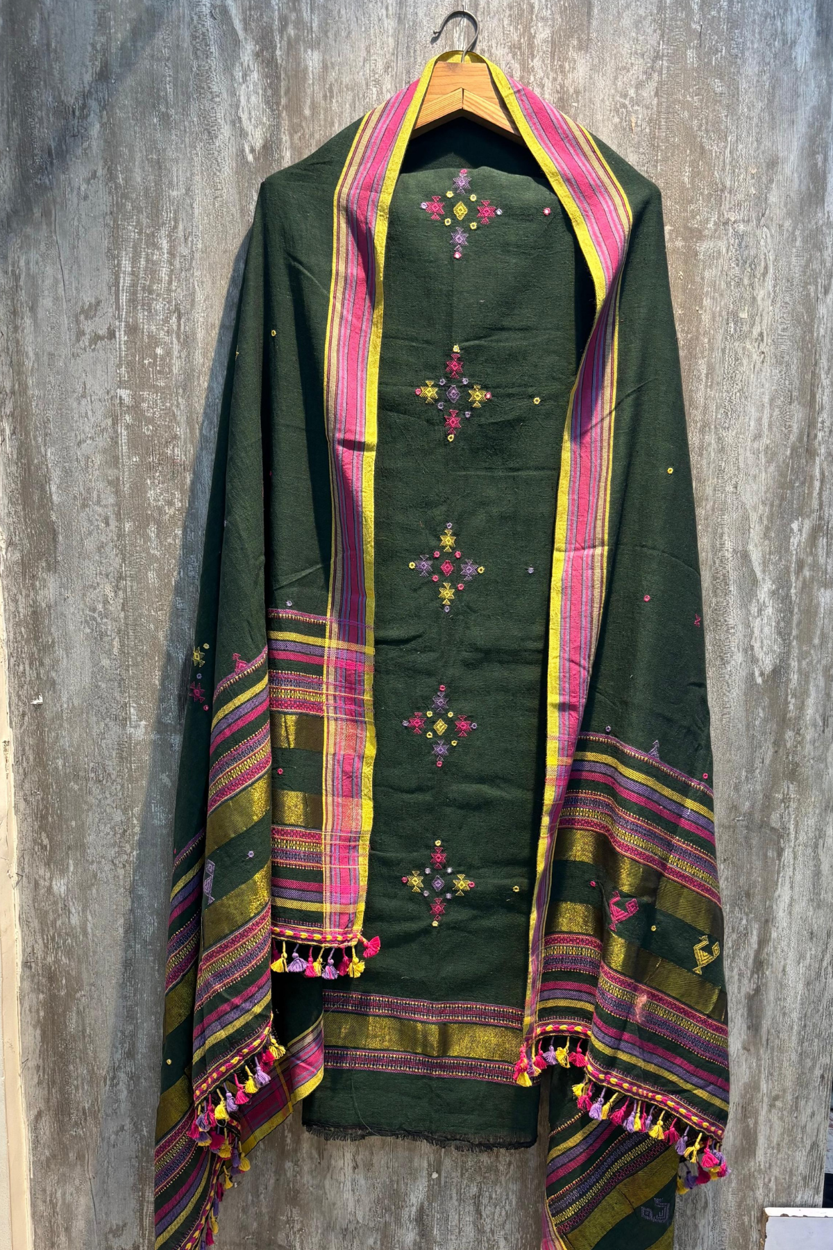 Bhujodi(Kala Cotton)3 piece suit set - Forest Green