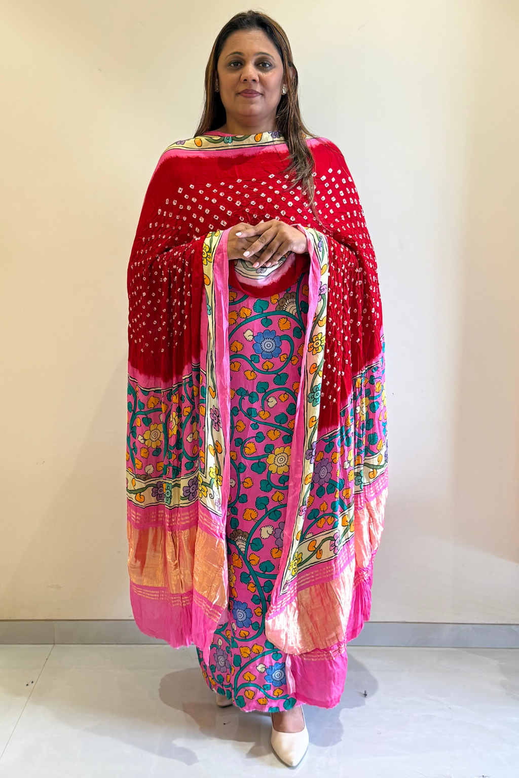 Bandhej With Kalamkari Print - 3 pc Unstiched Suit Set - Red & Neon Pink