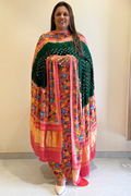 Bandhej With Kalamkari Print - 3 pc Unstiched Suit Set - Green & Pinkish Red