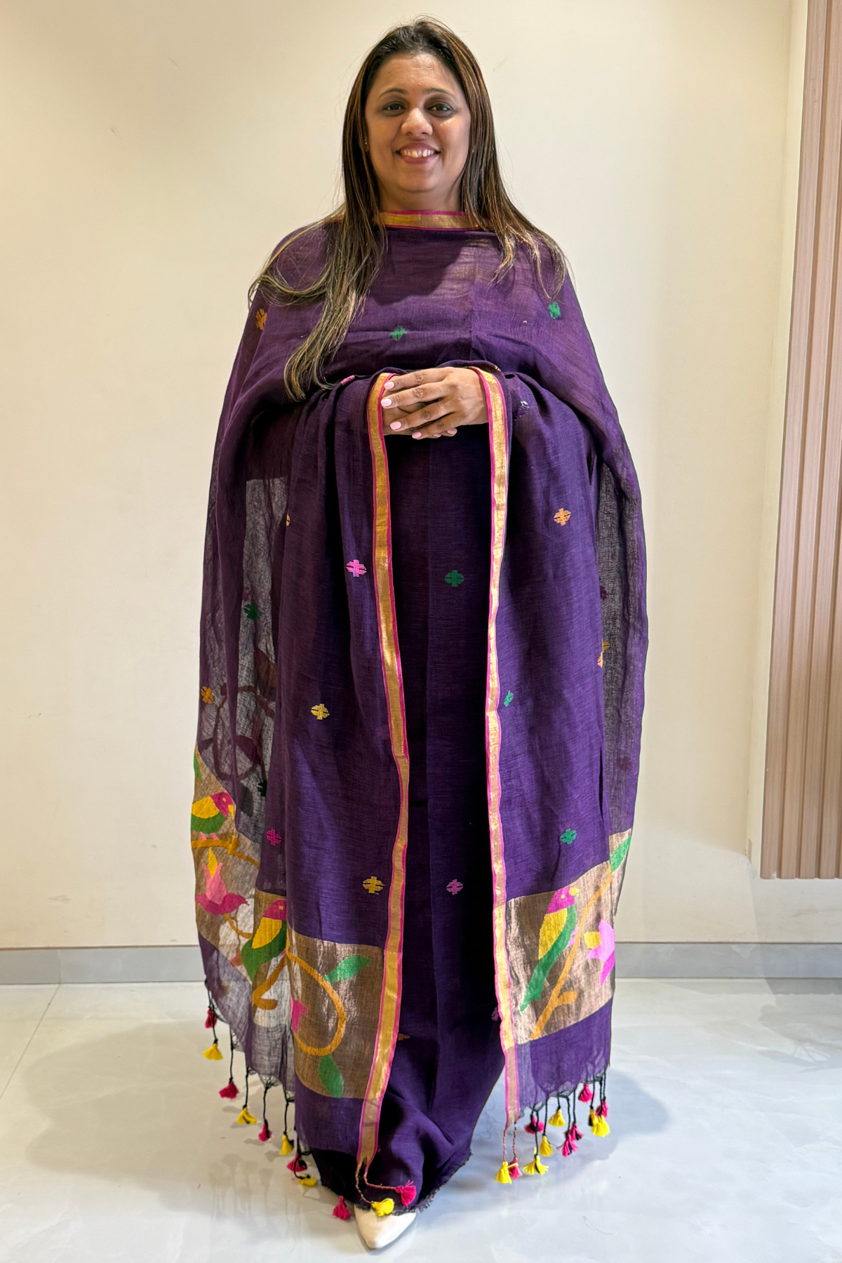 Linen Paithani Jamdani 2 Pc Set – Purple