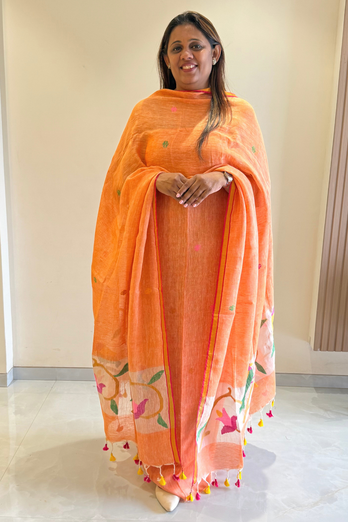 Linen Paithani Jamdani 2 Pc Set – Light orange