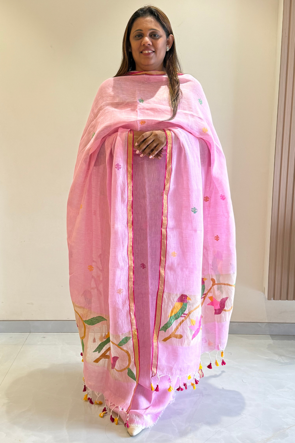 Linen Paithani Jamdani 2 Pc Set – Baby Pink
