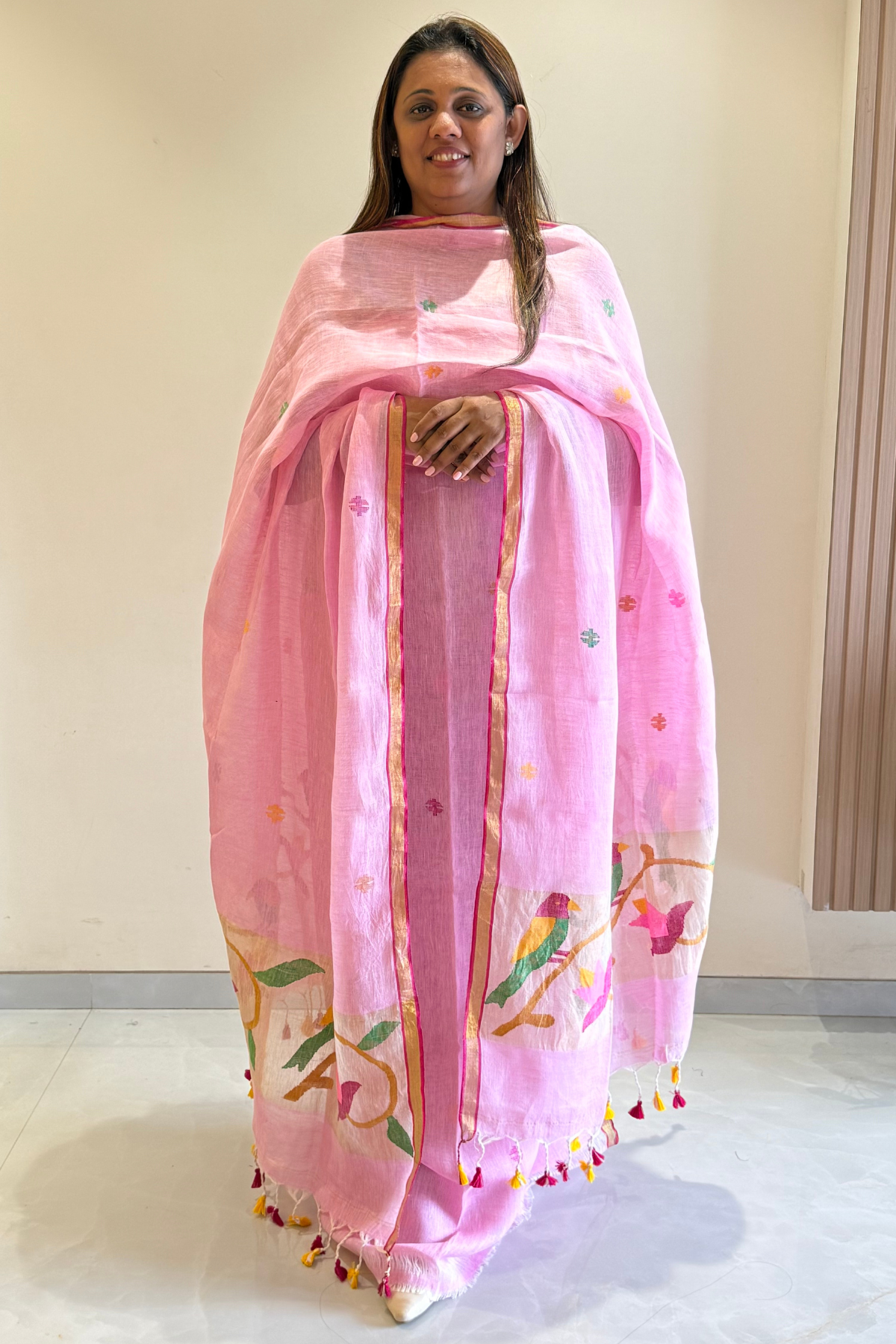 Linen Paithani Jamdani 2 Pc Set – Baby Pink