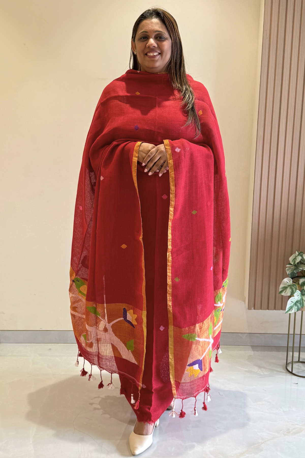 Linen Paithani Jamdani 2 Pc Set – Red