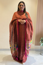 Linen Paithani Jamdani 2 Pc Set – Rust Orange