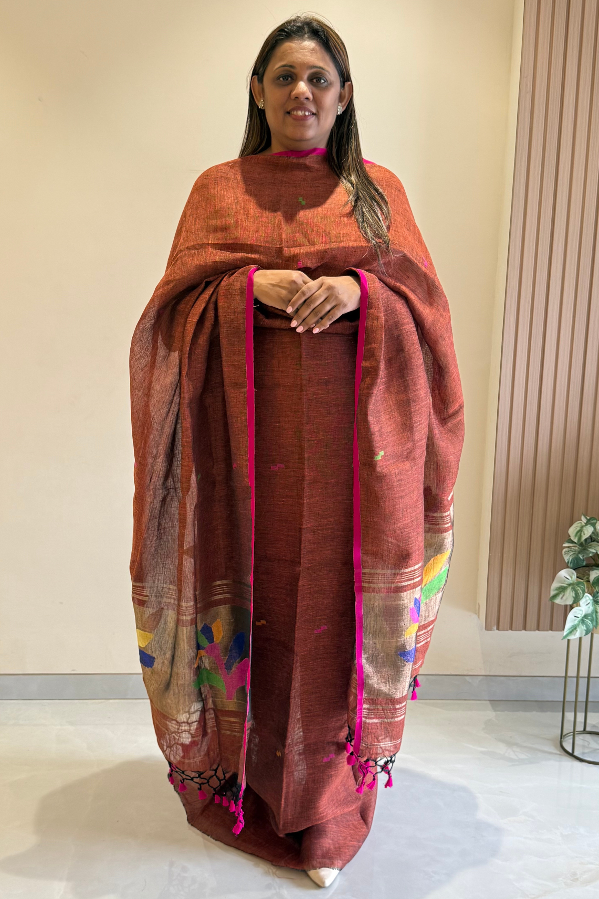 Linen Paithani Jamdani 2 Pc Set – Rust Orange