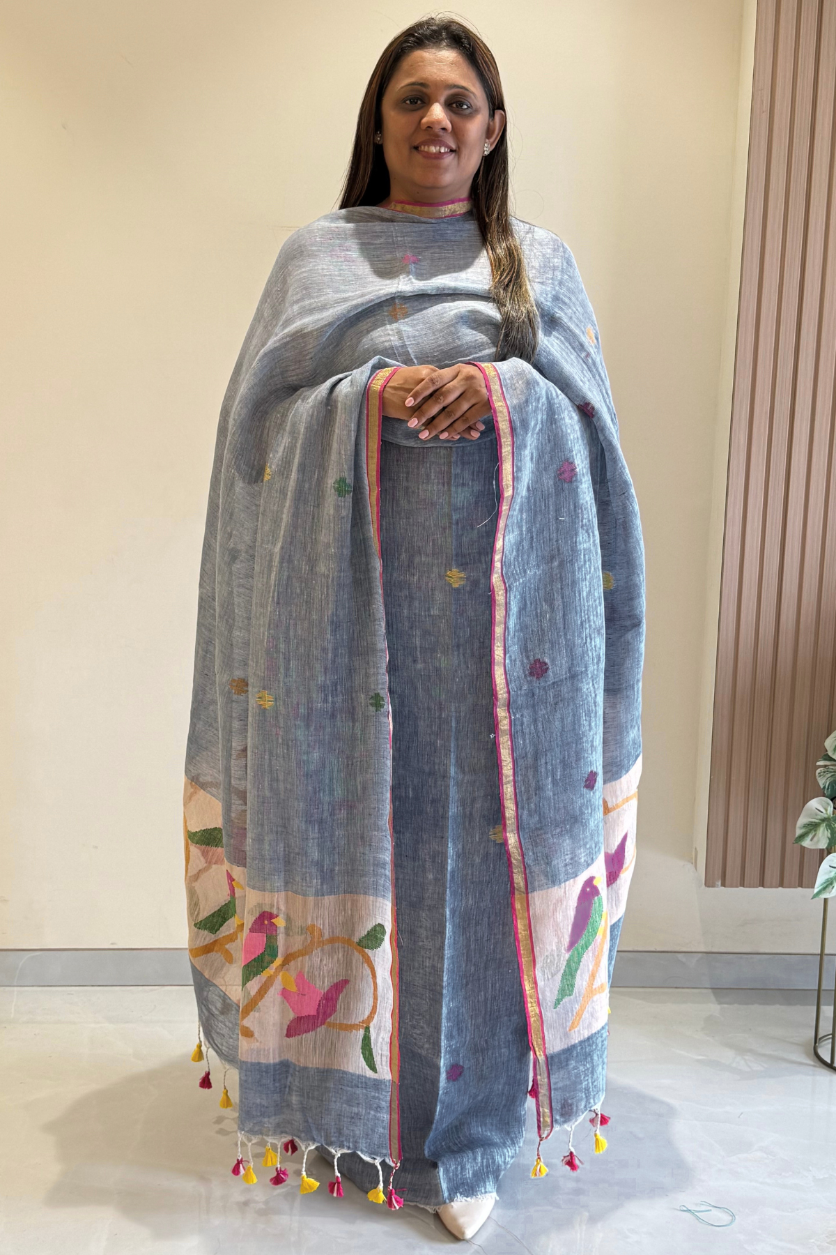 Linen Paithani Jamdani 2 Pc Set – Gray
