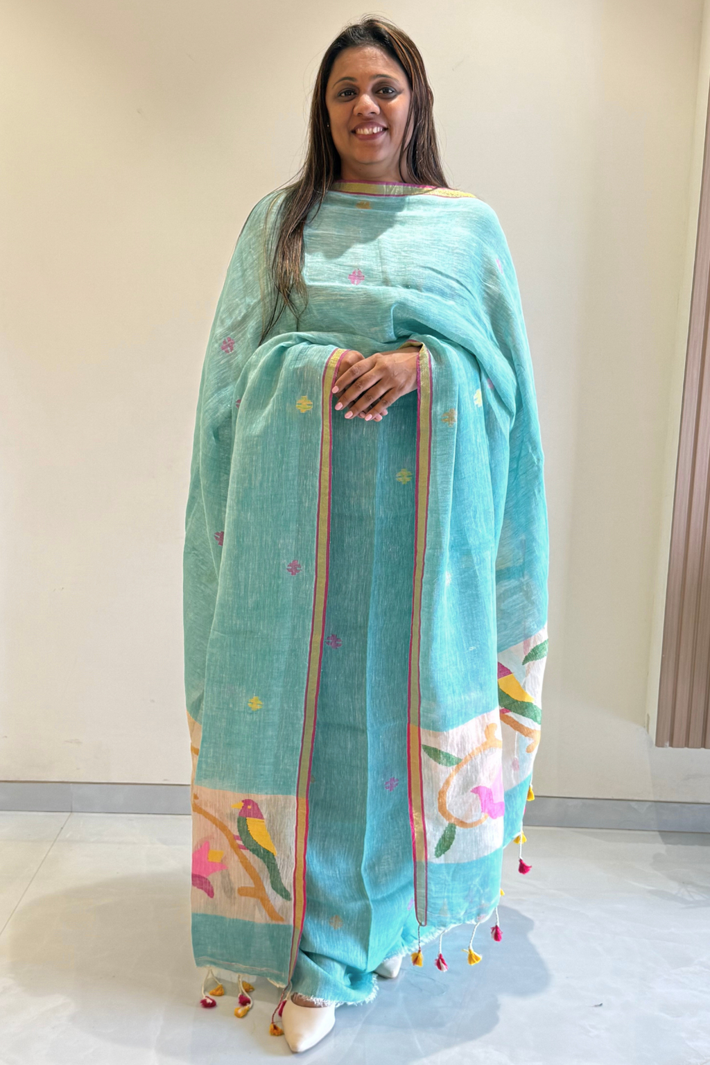 Linen Paithani Jamdani 2 Pc Set – turquoise color