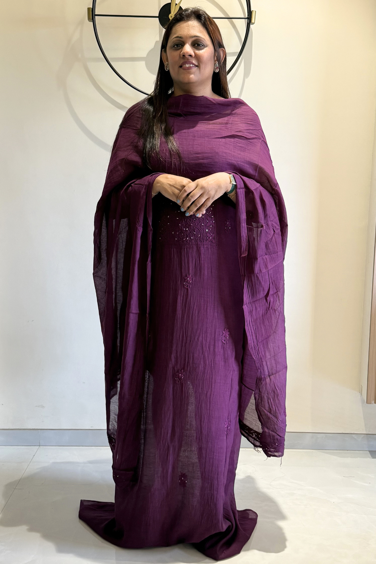 Lucknawi Pure Mul Chanderi 3-Piece Unstitched Kurta Set – Purple Wine