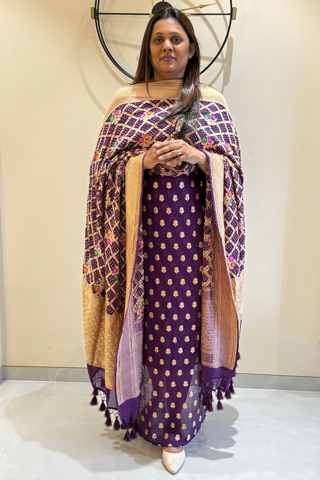 Pure khaddi georgette meenakari bandhej -  Purple Wine