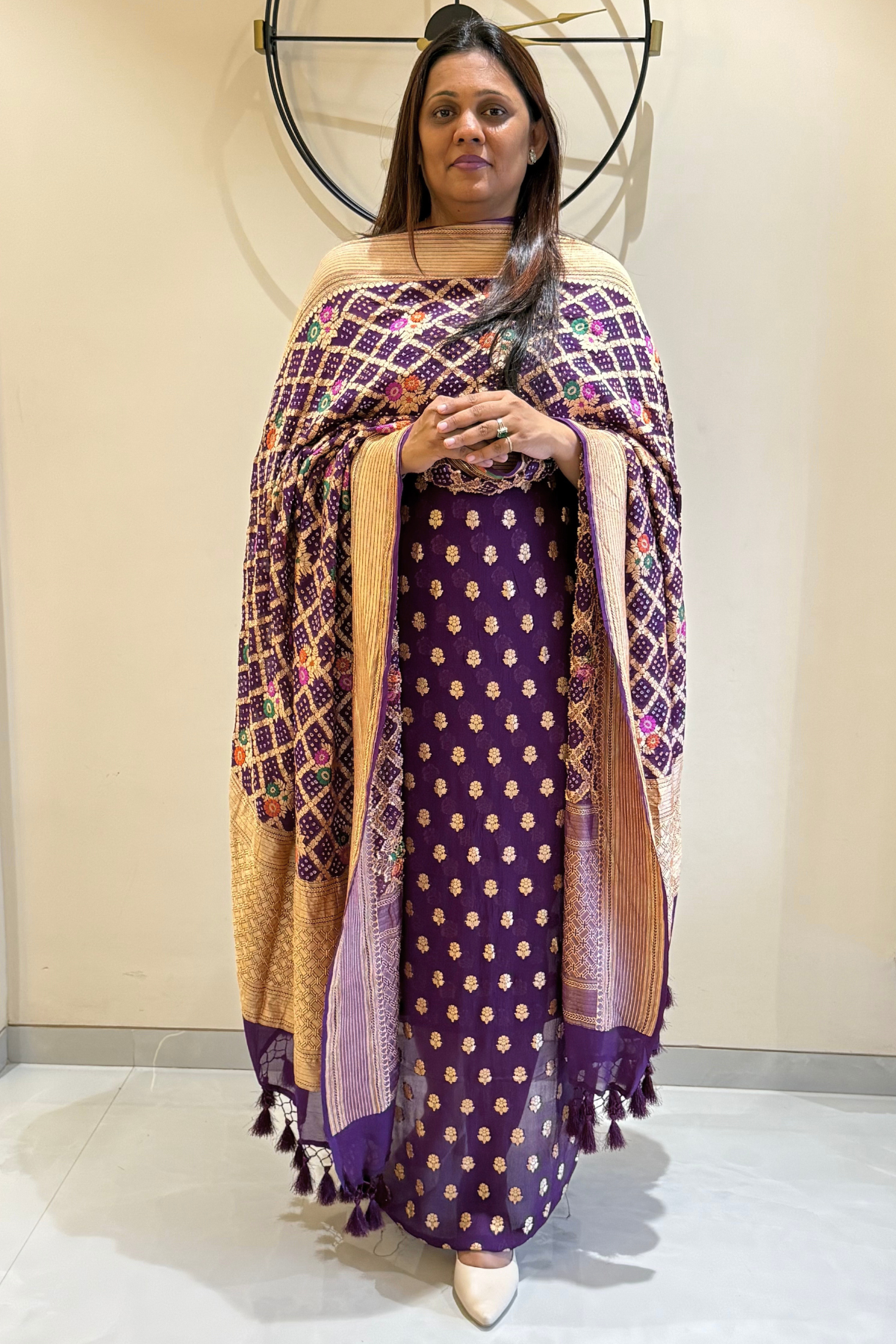 Pure khaddi georgette meenakari bandhej -  Purple Wine