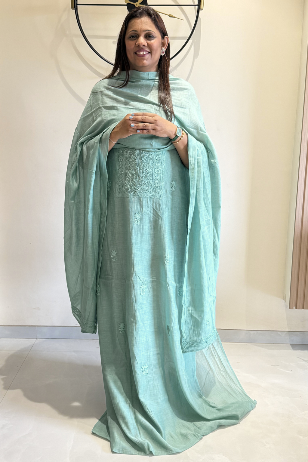 Lucknawi Pure Mul Chanderi 3-Piece Unstitched Kurta Set - Sea Green