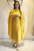 Lucknawi Pure Mul Chanderi 3-Piece Unstitched Kurta Set - Mustard Yellow