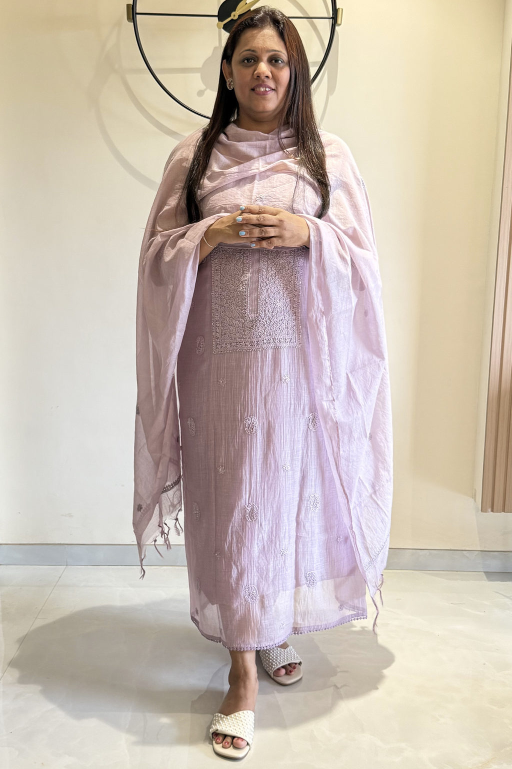 Lucknawi Pure Mul Chanderi 3-Piece Unstitched Kurta Set - Light Lavender