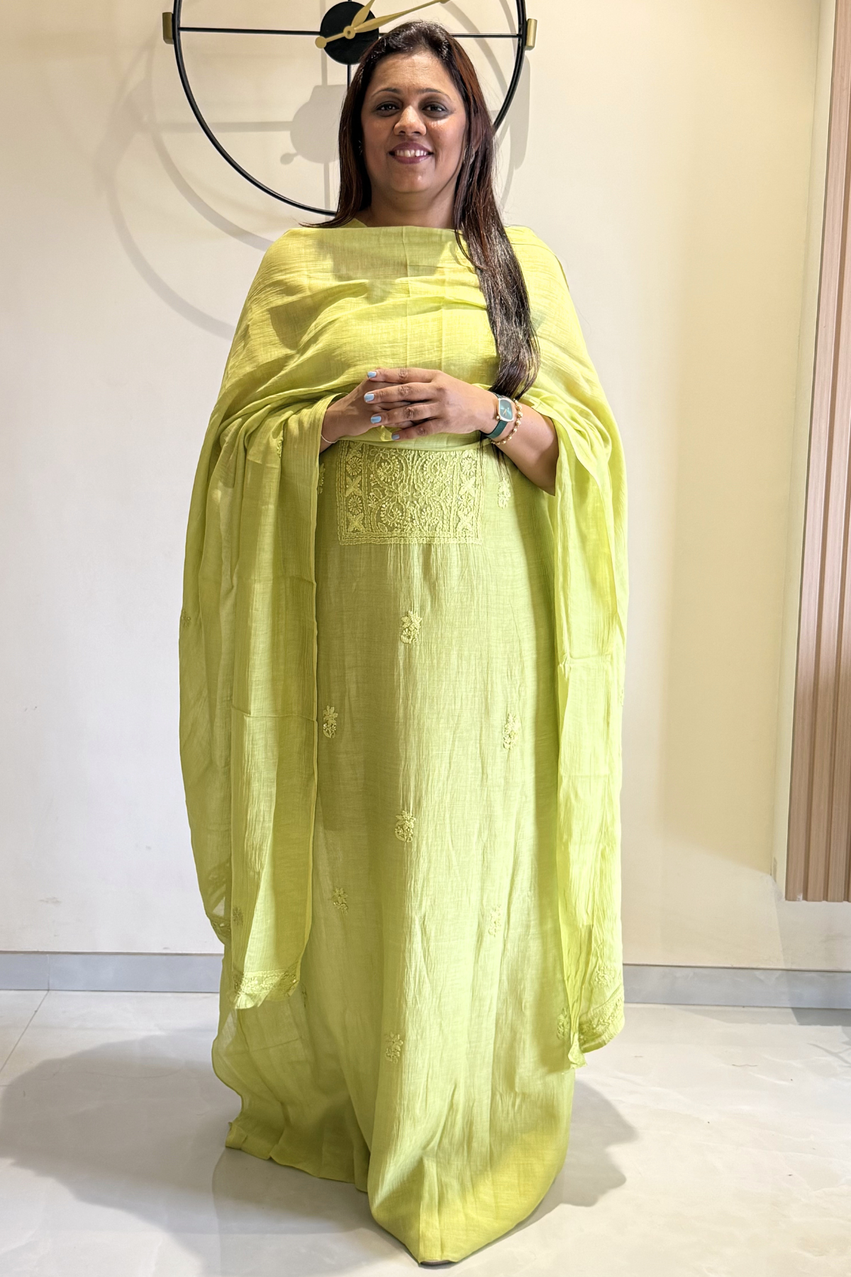 Lucknawi Pure Mul Chanderi 3-Piece Unstitched Kurta Set - Light Green