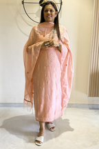Lucknawi Pure Mul Chanderi 3-Piece Unstitched Kurta Set - Light Peach pink