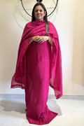 Lucknawi Pure Mul Chanderi 3-Piece Unstitched Kurta Set - Bright Pink