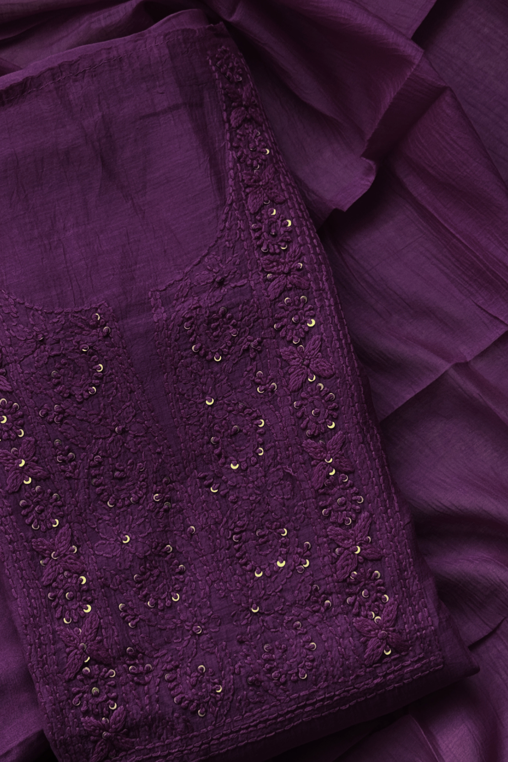 Lucknawi Pure Mul Chanderi 3-Piece Unstitched Kurta Set – Purple Wine