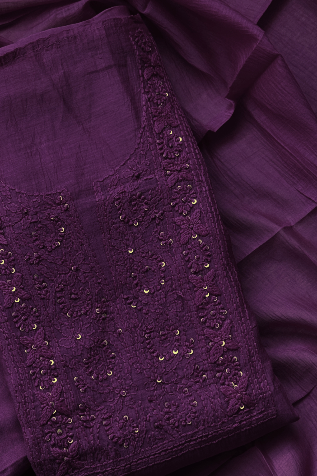 Lucknawi Pure Mul Chanderi 3-Piece Unstitched Kurta Set – Purple Wine