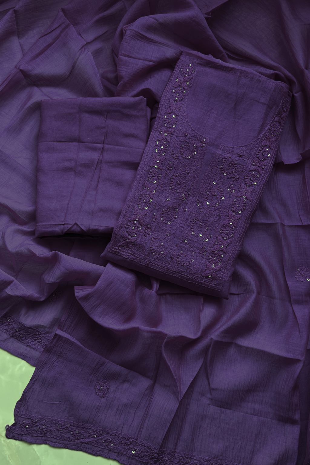 Lucknawi Pure Mul Chanderi 3-Piece Unstitched Kurta Set – Dark Purple