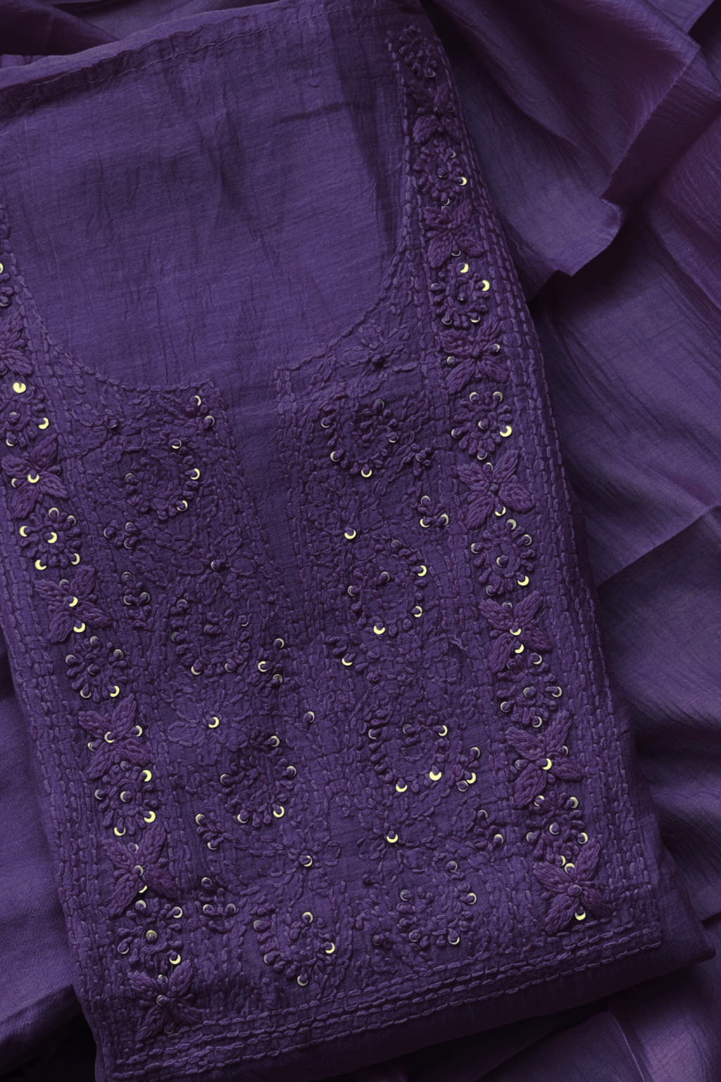 Lucknawi Pure Mul Chanderi 3-Piece Unstitched Kurta Set – Dark Purple