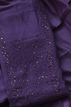 Lucknawi Pure Mul Chanderi 3-Piece Unstitched Kurta Set – Dark Purple