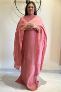 Lucknawi Pure Mul Chanderi 3-Piece Unstitched Kurta Set - Carrot Pink