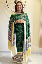 Bandhej With Madhubani Print - 3 pc Unstiched Suit Set - Green