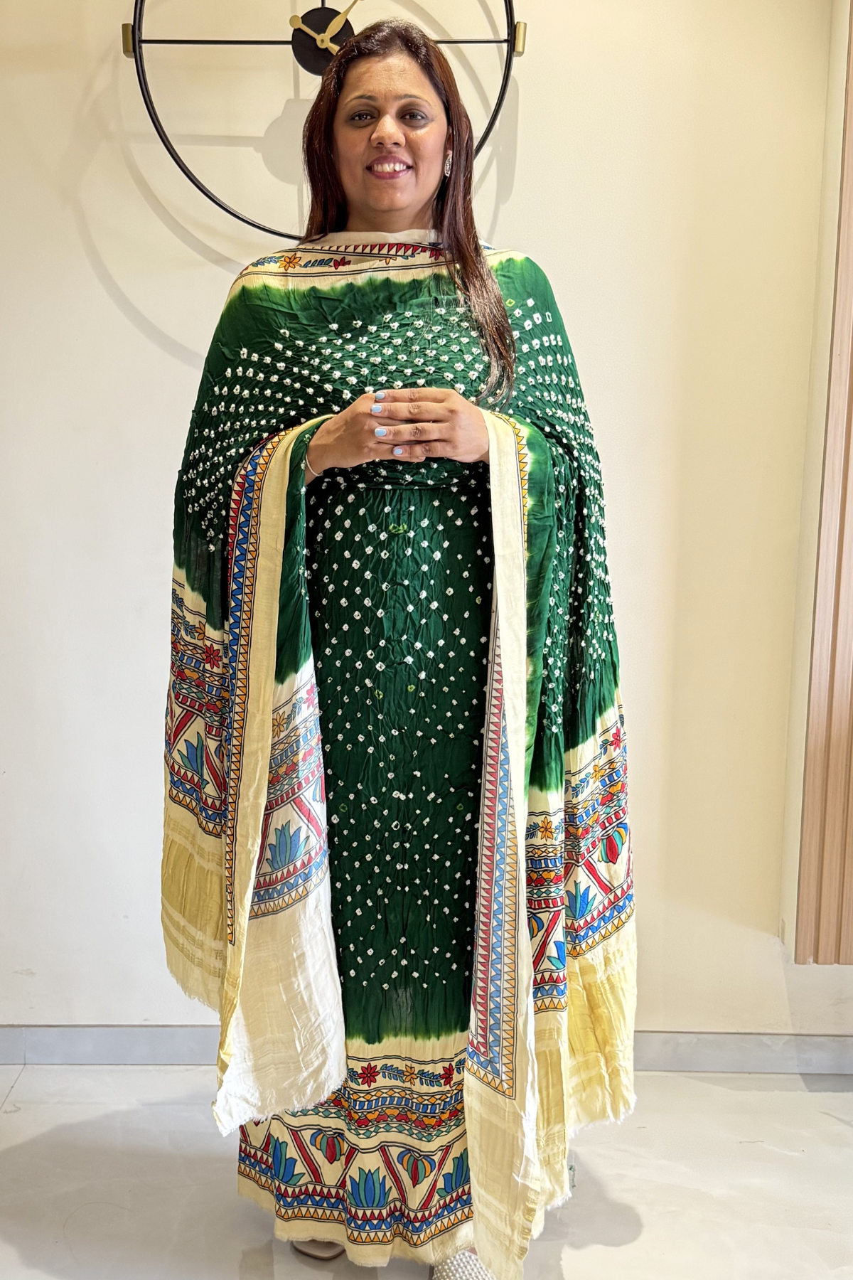 Bandhej With Madhubani Print - 3 pc Unstiched Suit Set - Green