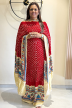 Bandhej With Madhubani Print - 3 pc Unstiched Suit Set - Red