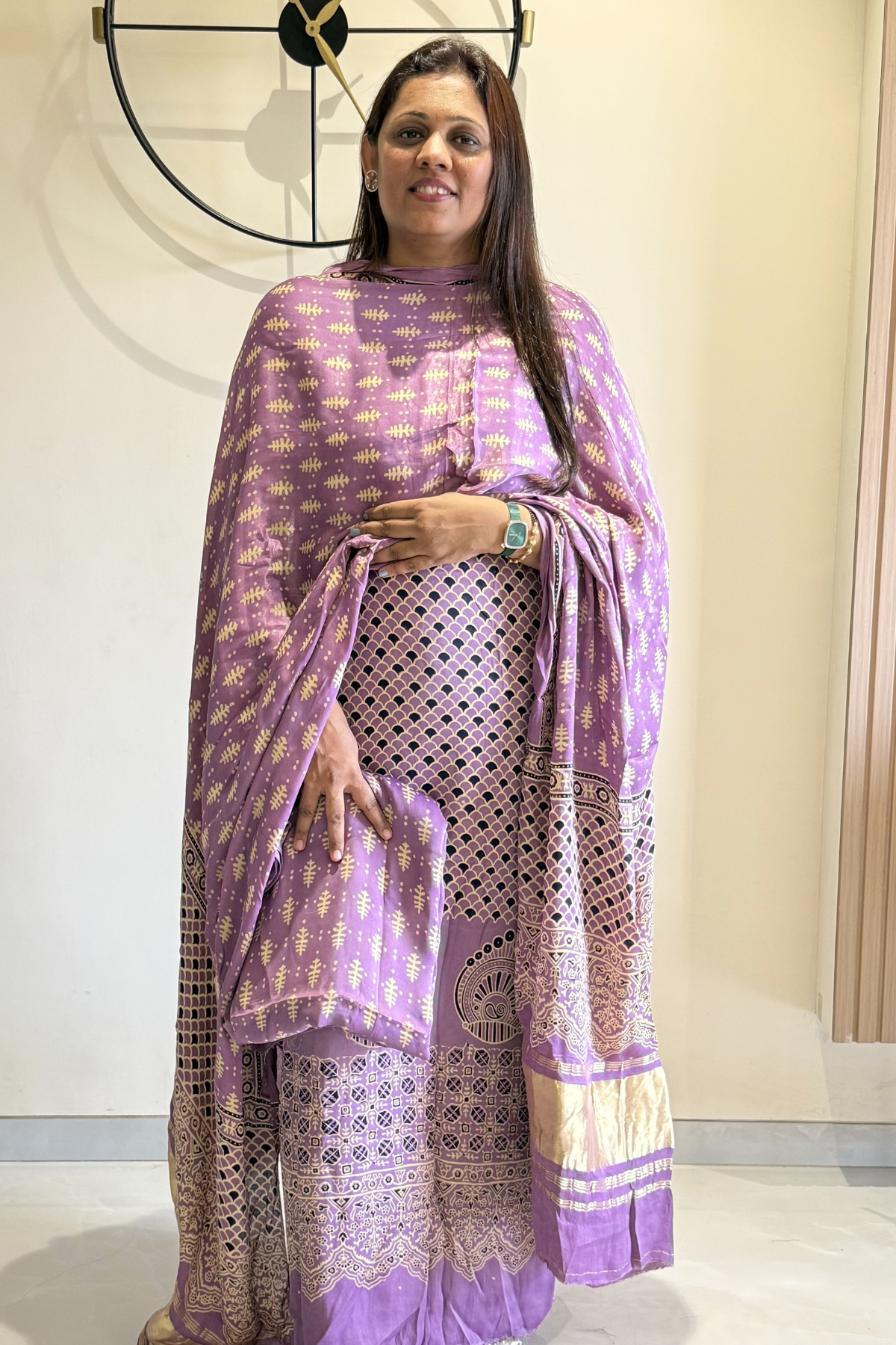 Pure Modal Satin 3-Piece Suit Set in Natural Ajrak Dye - Light Purple