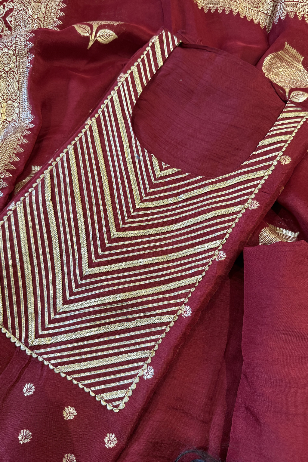 Upada Silk Suit with Banarasi Weaving & Gota Patti - 3 peice set - (Red Maroon)