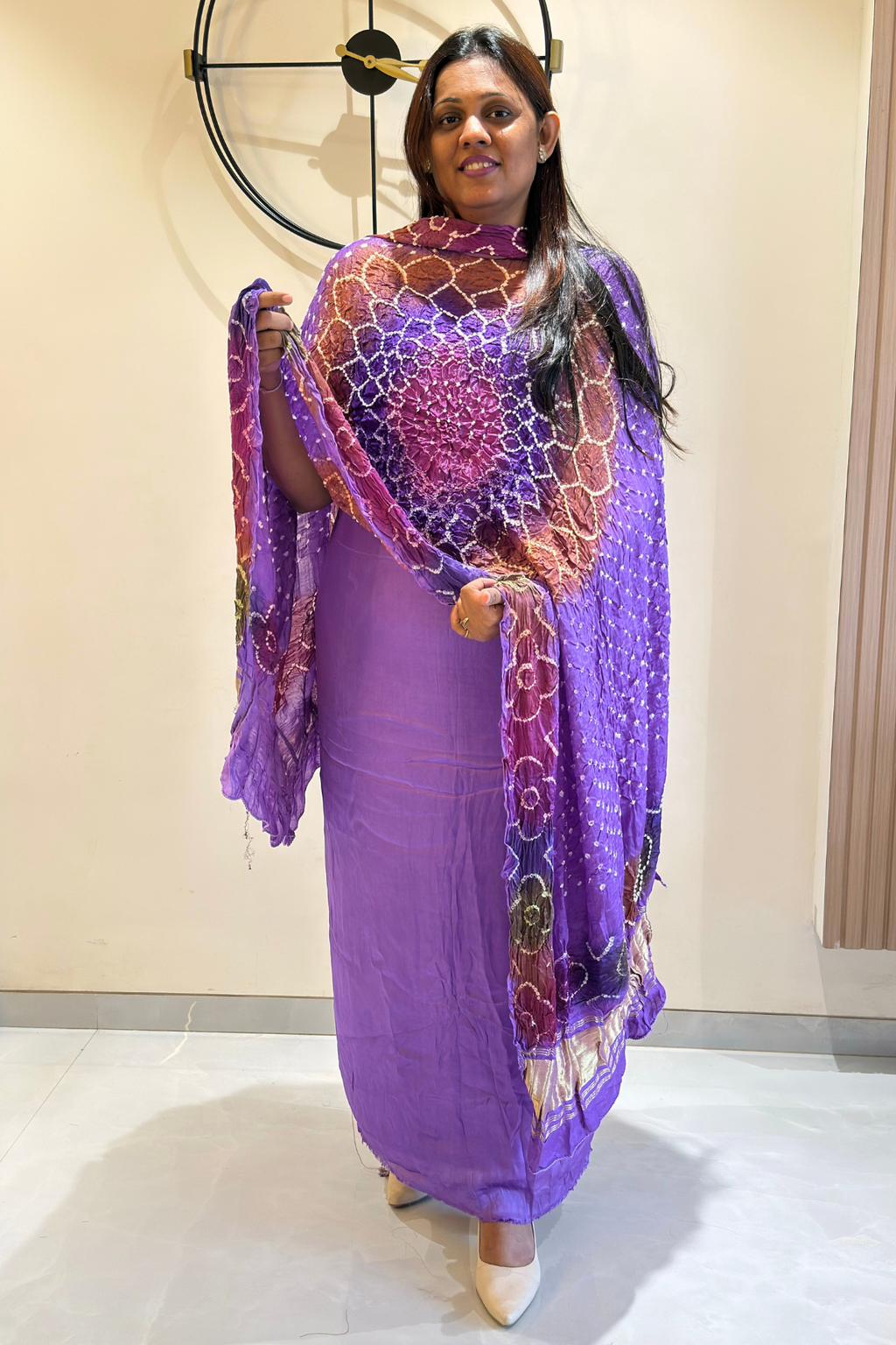 Plain modal suit set with colorful bandhej dupatta - Pastel Purple
