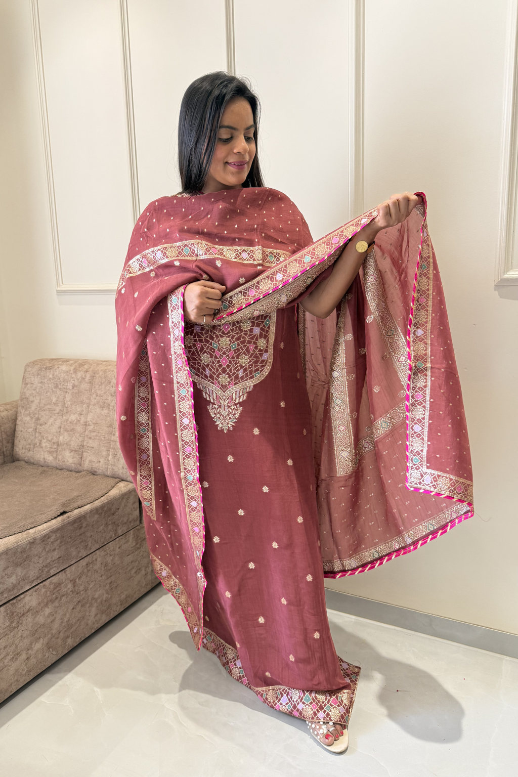 Organza silk with Banarasi meenakari weaving-3 Piece set-Wine