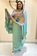 Plain modal suit set with colorful bandhej dupatta - Pastel Green