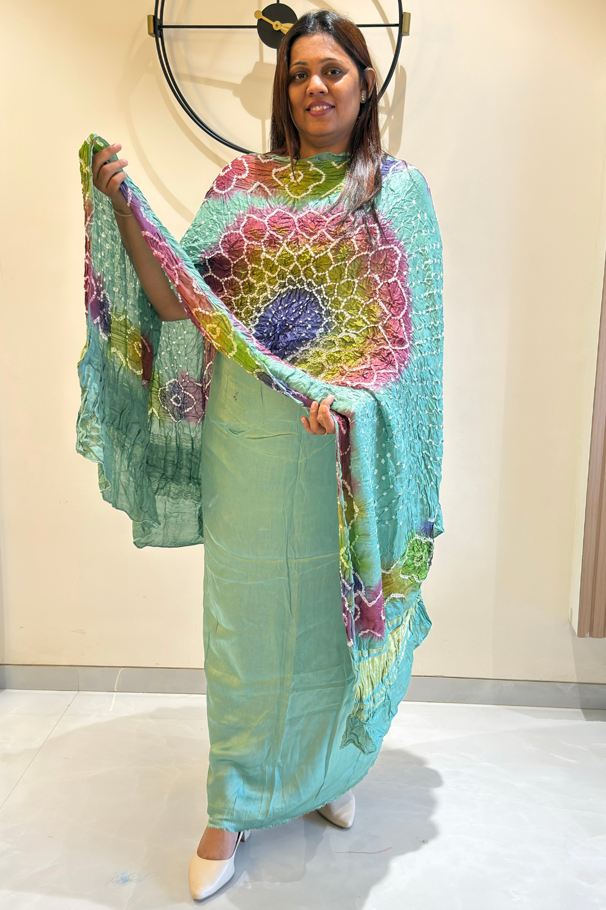 Plain modal suit set with colorful bandhej dupatta - Pastel Green