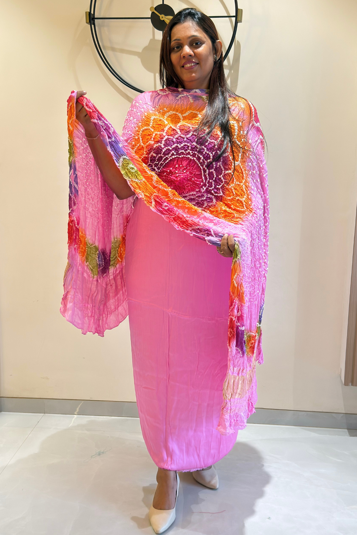 Plain modal suit set with colorful bandhej dupatta - Baby Pink