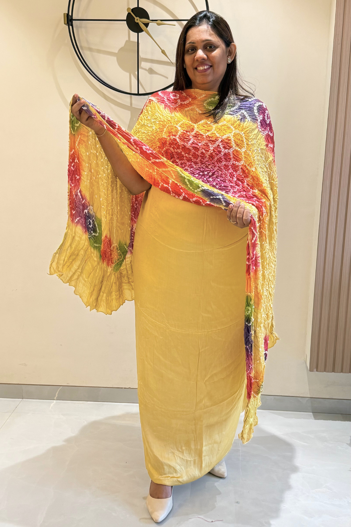 Plain modal suit set with colorful bandhej dupatta - Pastel Yellow