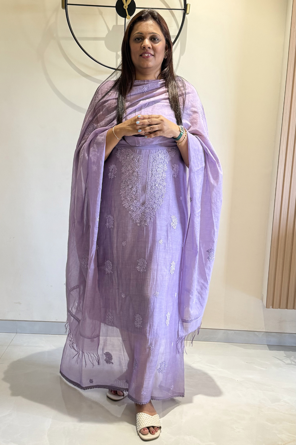Lucknawi Pure Mul Chanderi 3-Piece Unstitched Kurta Set - Light Purple