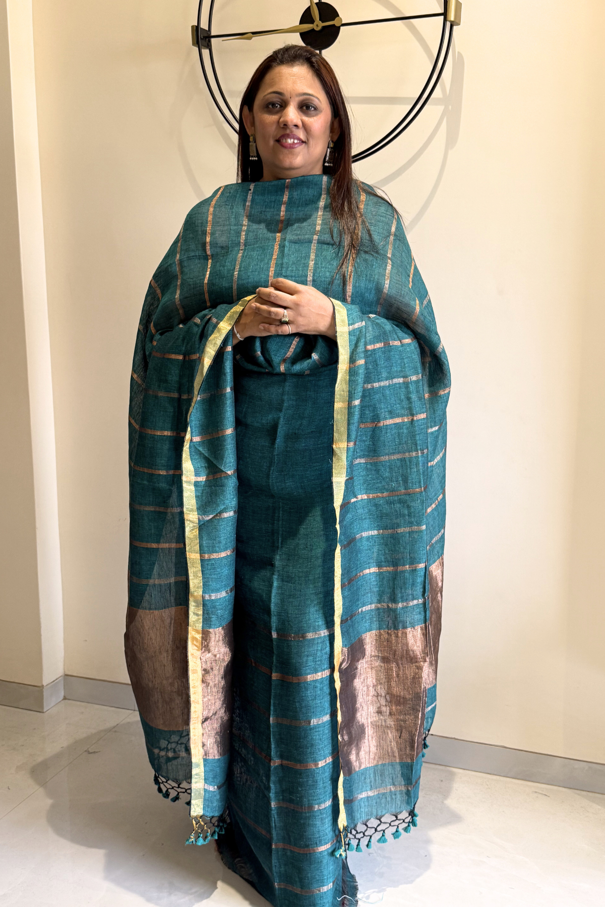 Jayshree Linen Jamdani 2 Pc Set – Teal Blue