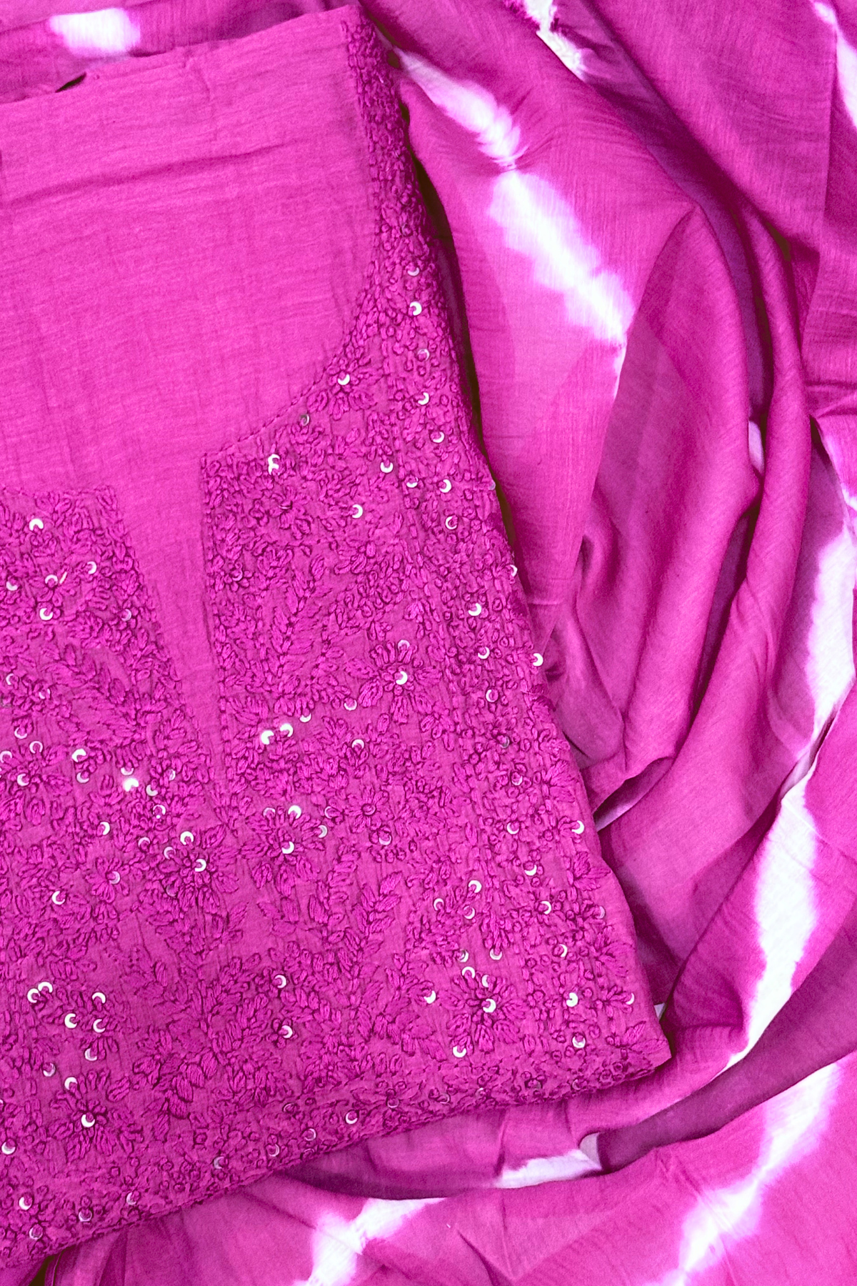 Lucknawi Pure Mul Chanderi 3-Piece Unstitched Kurta Set With Leheriya Dupatta – Pink