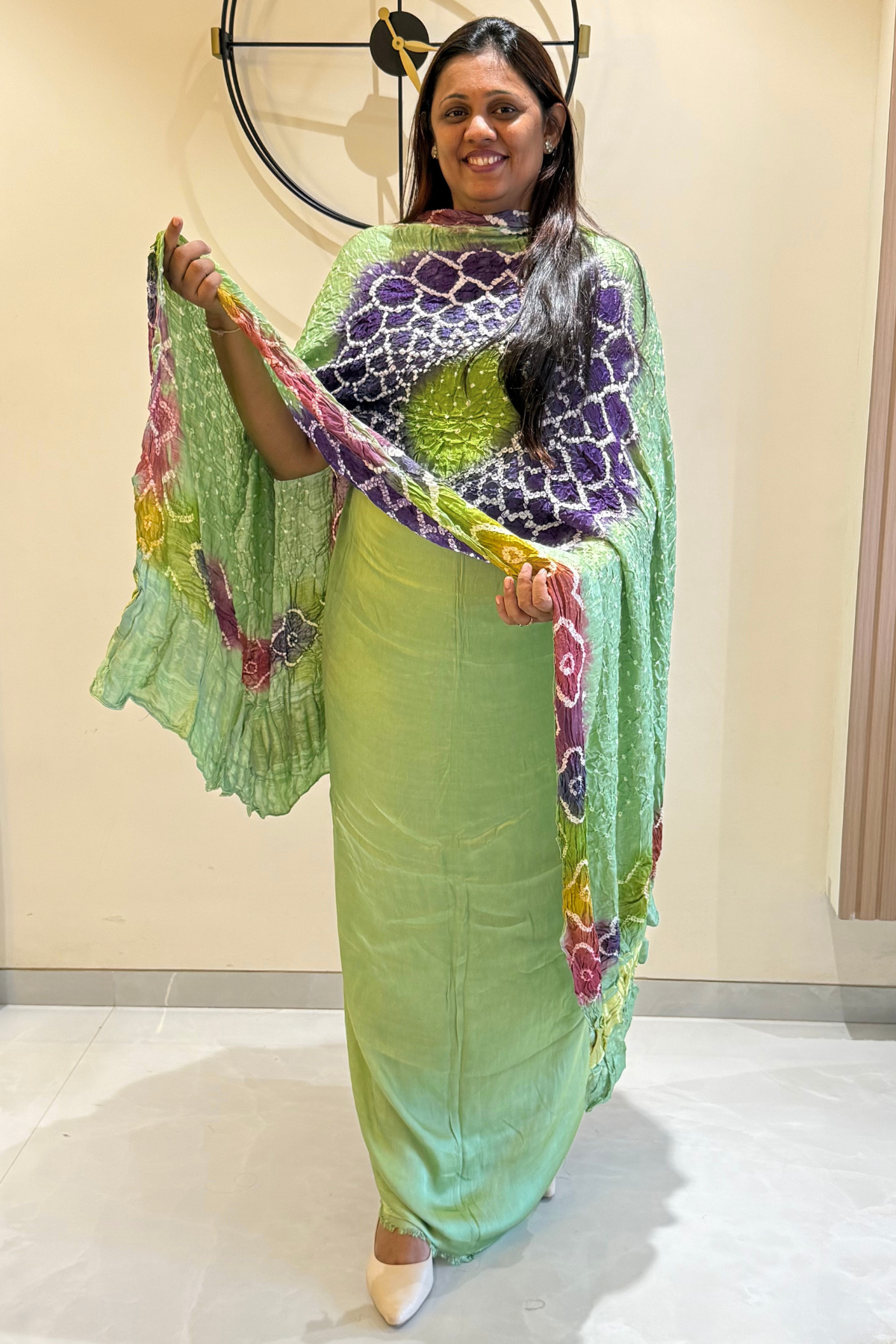 Plain modal suit set with colorful bandhej dupatta - Light Pastel green