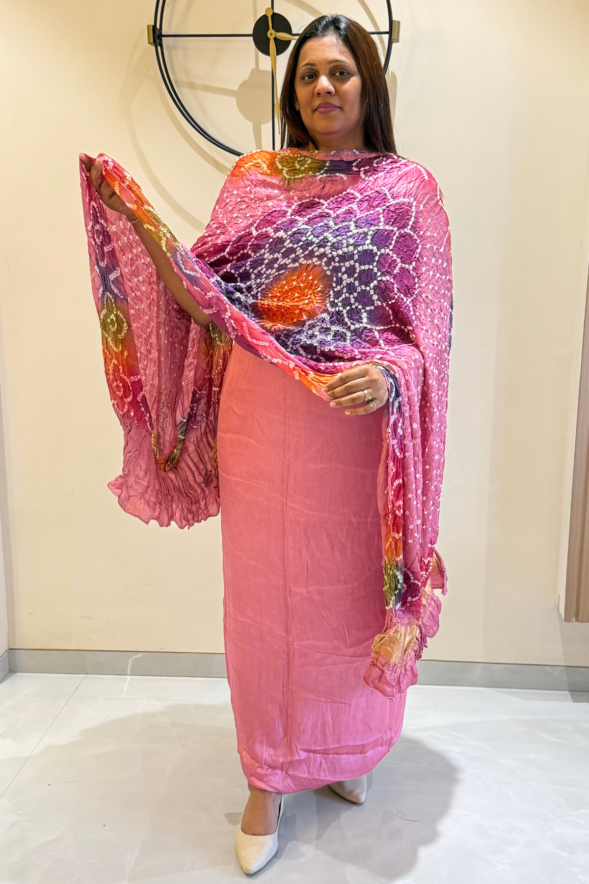 Plain modal suit set with colorful bandhej dupatta - Pastel Pink