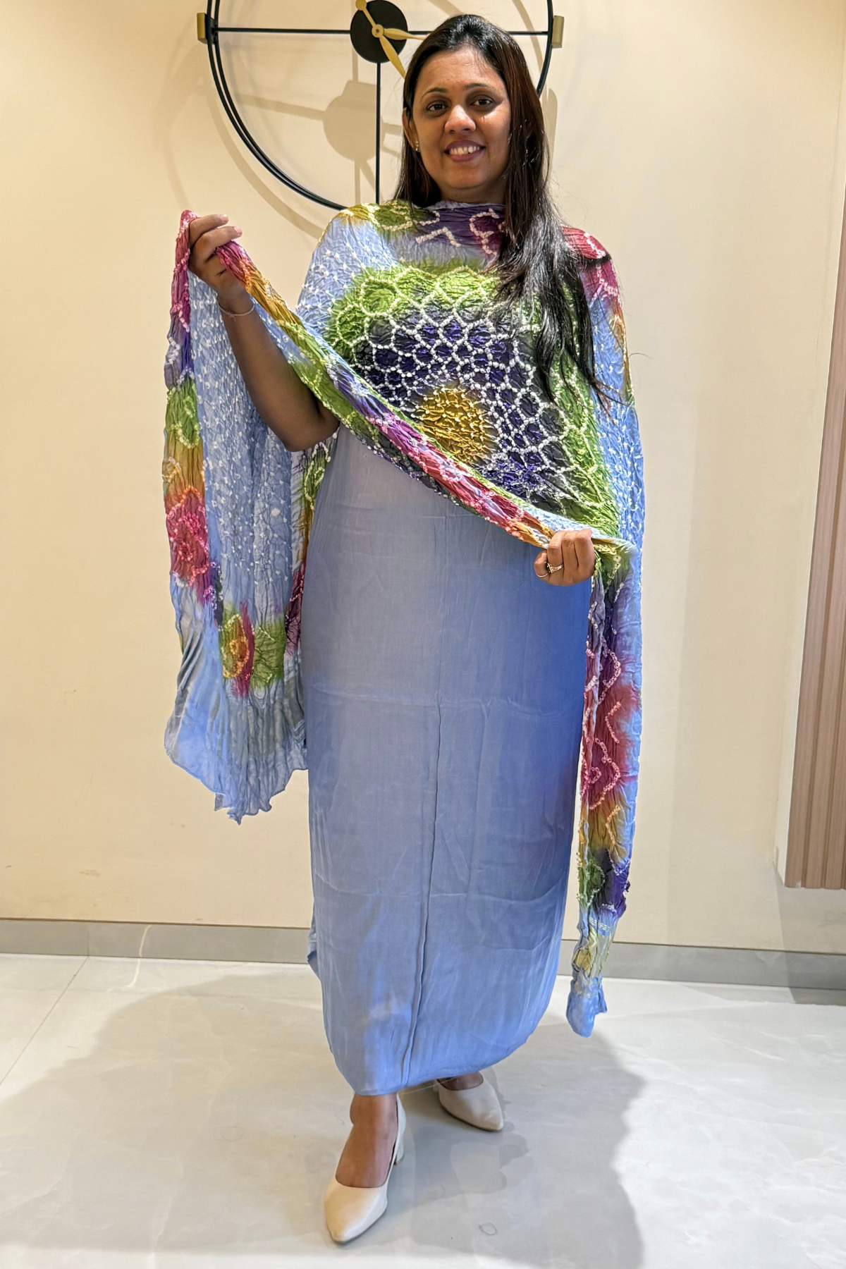 Plain modal suit set with colorful bandhej dupatta - Pastel Blue