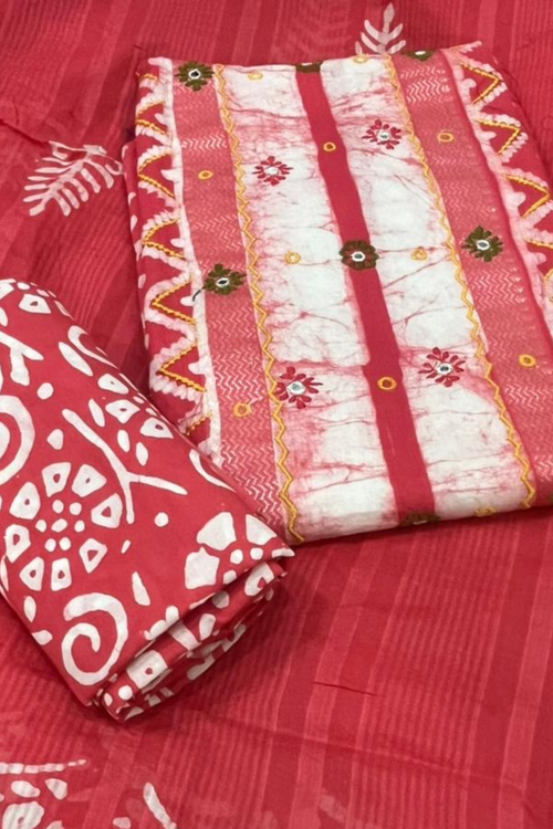 Batik Printed Cotton 3- Piece Unstitched Kurta Set- Red pink