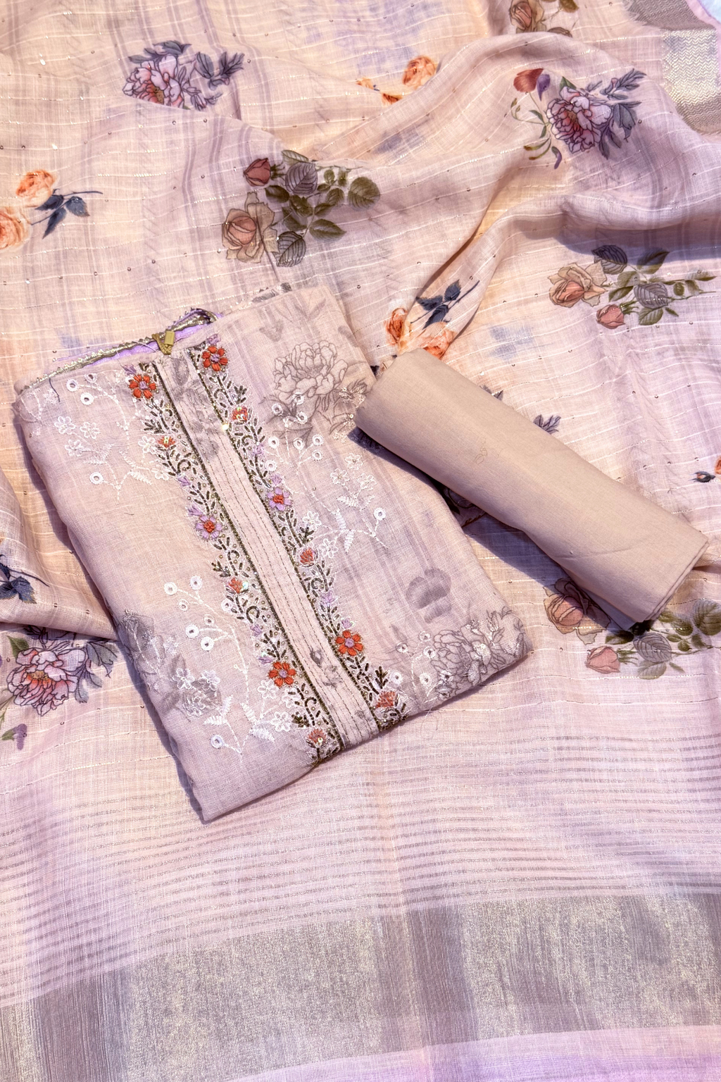 Digital Floral Printed handwork Suit Set - Light Pink