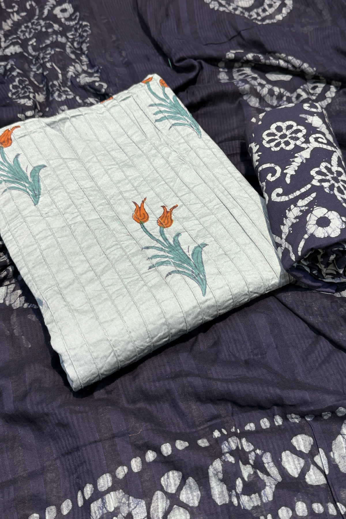 Block Printed Cotton Kurta Material - Light Green & Blue